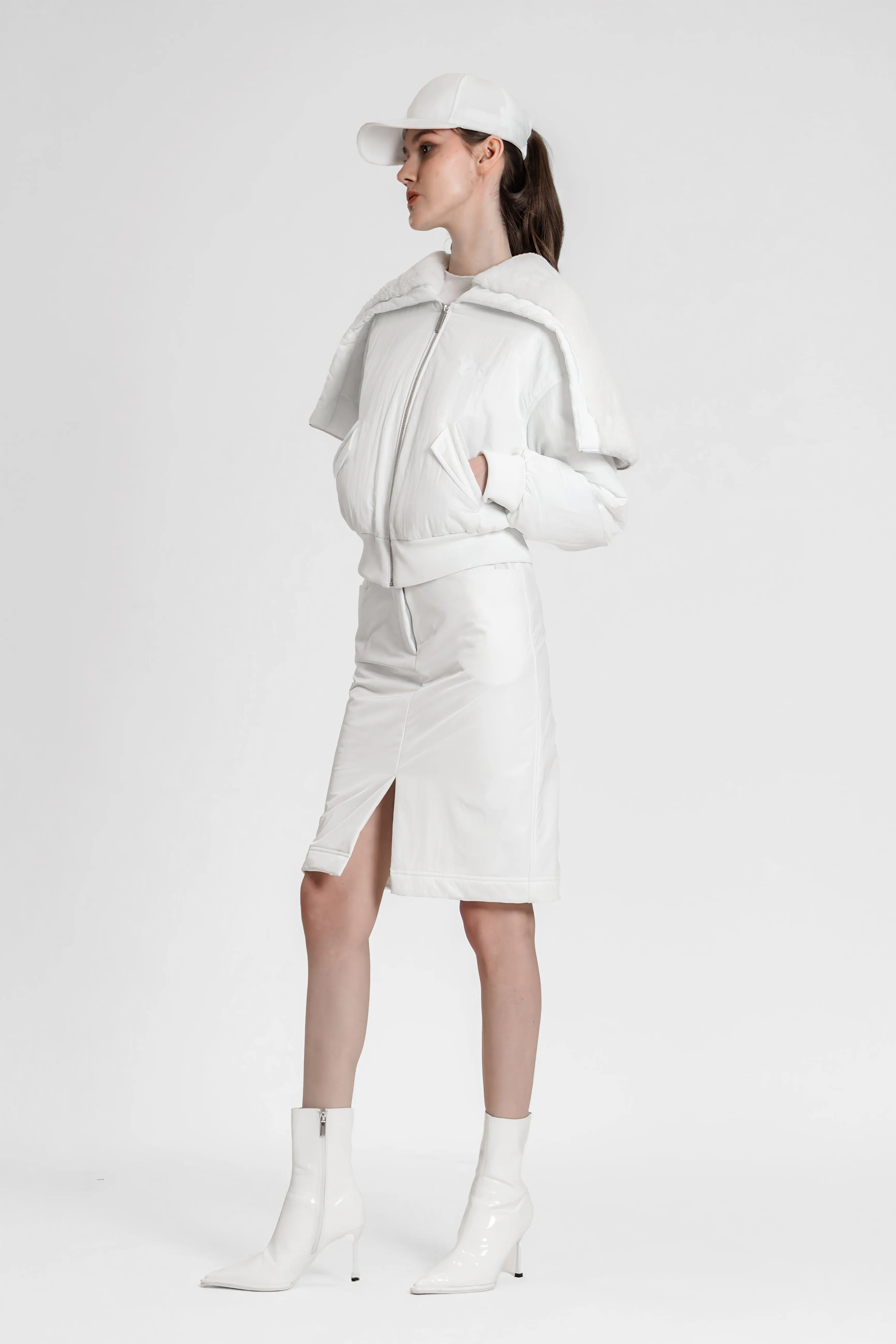 ANCORA RED/BRIGHT WHITE TRENCH COAT DOWN JACKET WITH RABBIT FUR