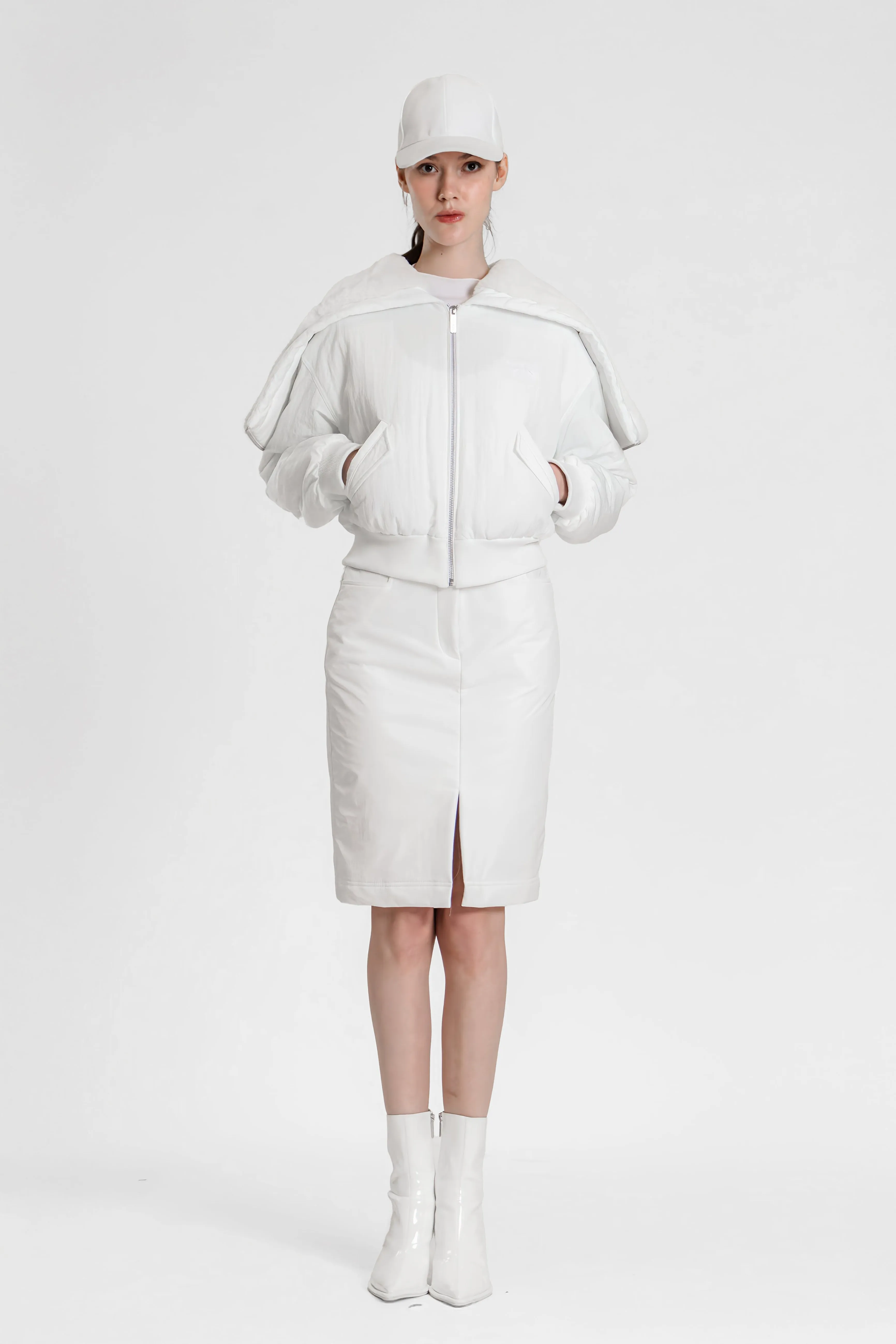 ANCORA RED/BRIGHT WHITE TRENCH COAT DOWN JACKET WITH RABBIT FUR