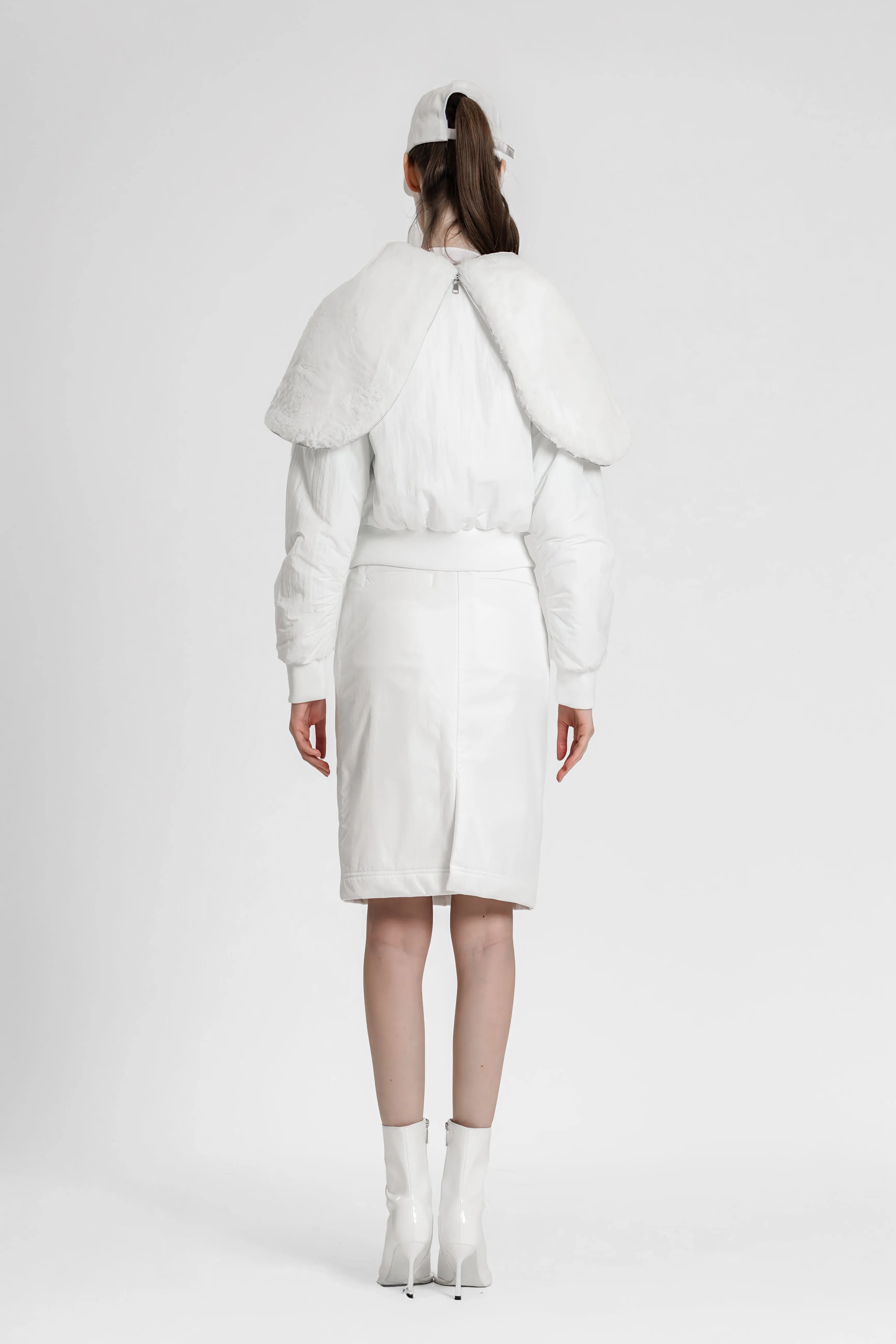 ANCORA RED/BRIGHT WHITE TRENCH COAT DOWN JACKET WITH RABBIT FUR
