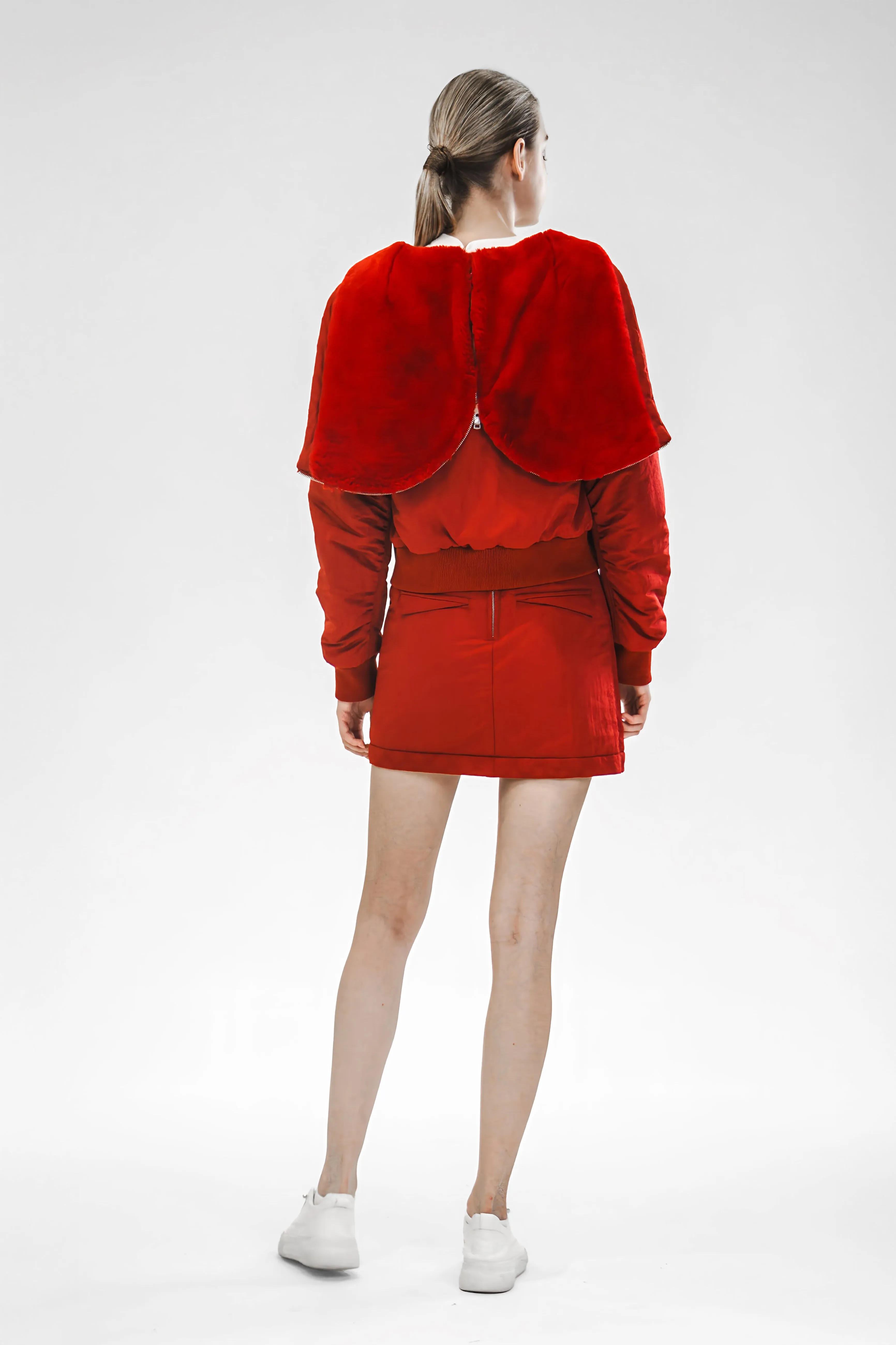 ANCORA RED/BRIGHT WHITE TRENCH COAT DOWN JACKET WITH RABBIT FUR
