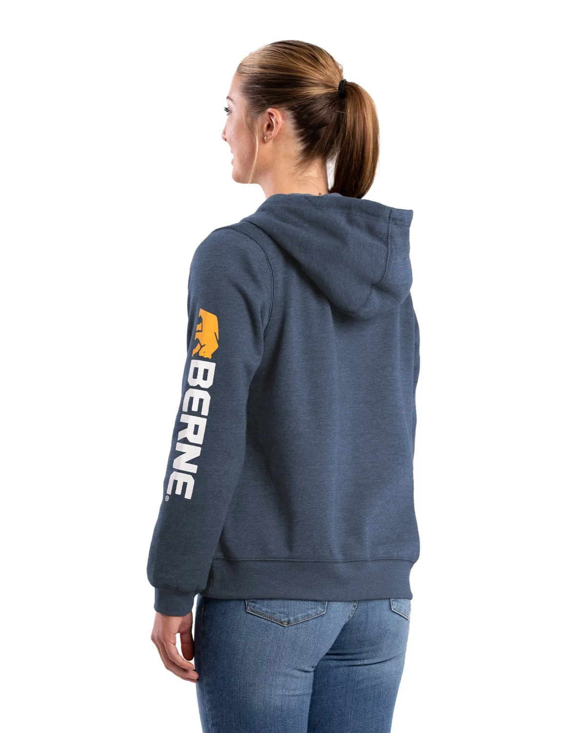 Berne Womens Signature Sleeve Pullover Steel Blue Cotton Blend Hoodie