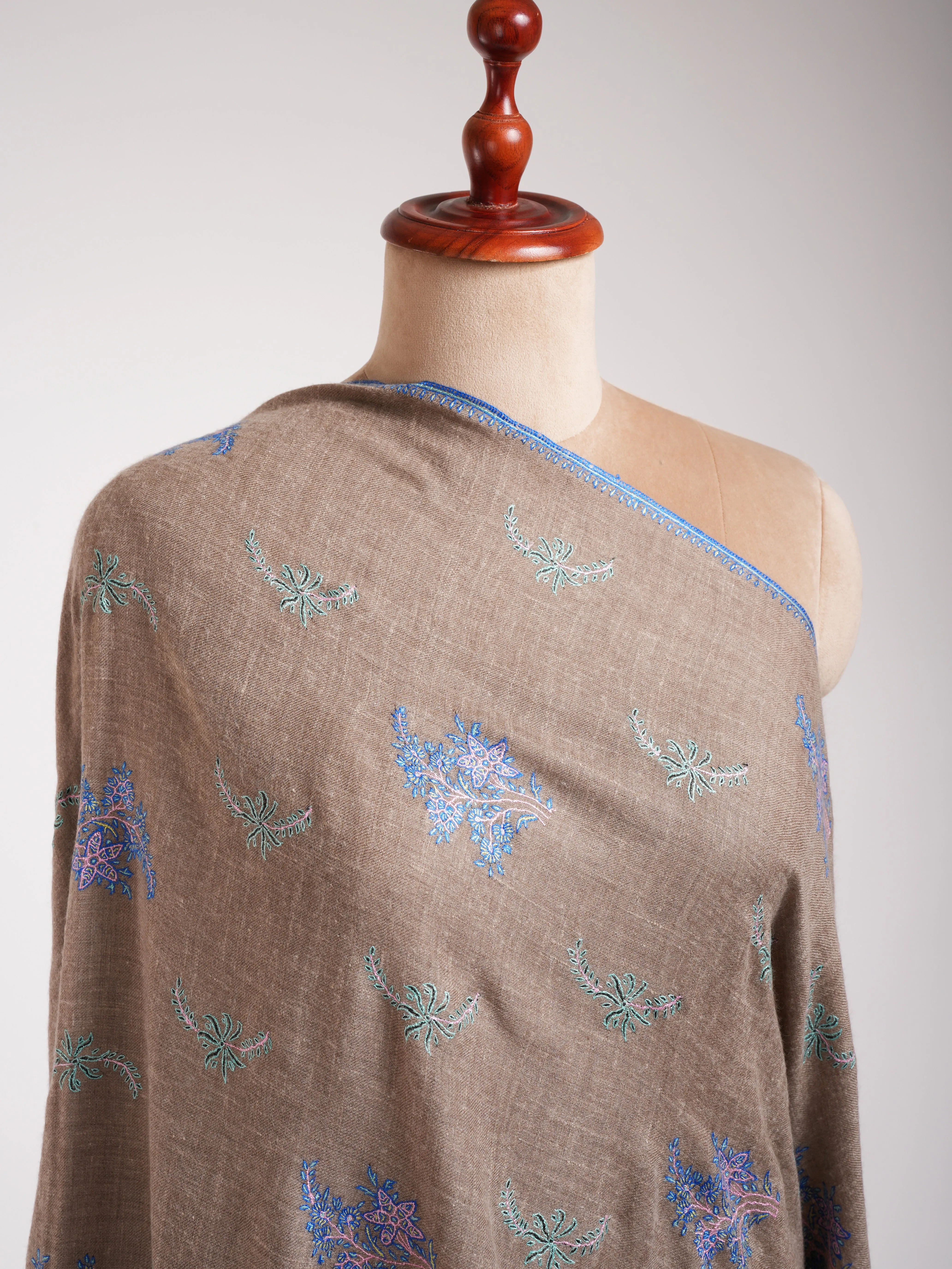 Blue Hue Embroidered Beige Pashmina Shawl