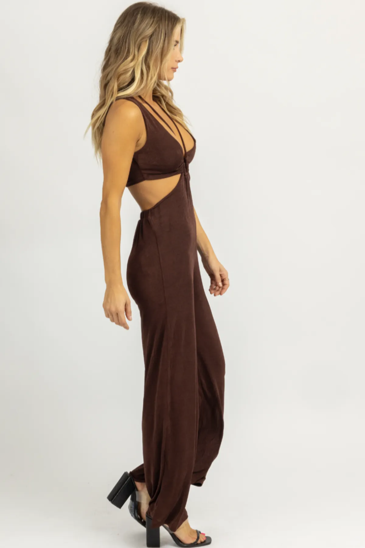 CHOCOLATE HALTER TIE SLEEVELESS JUMPSUIT