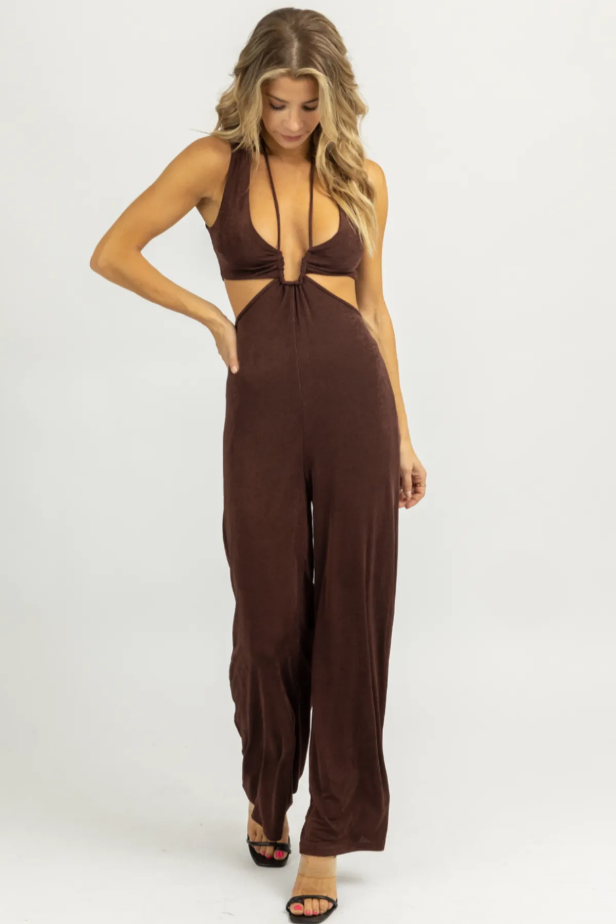 CHOCOLATE HALTER TIE SLEEVELESS JUMPSUIT