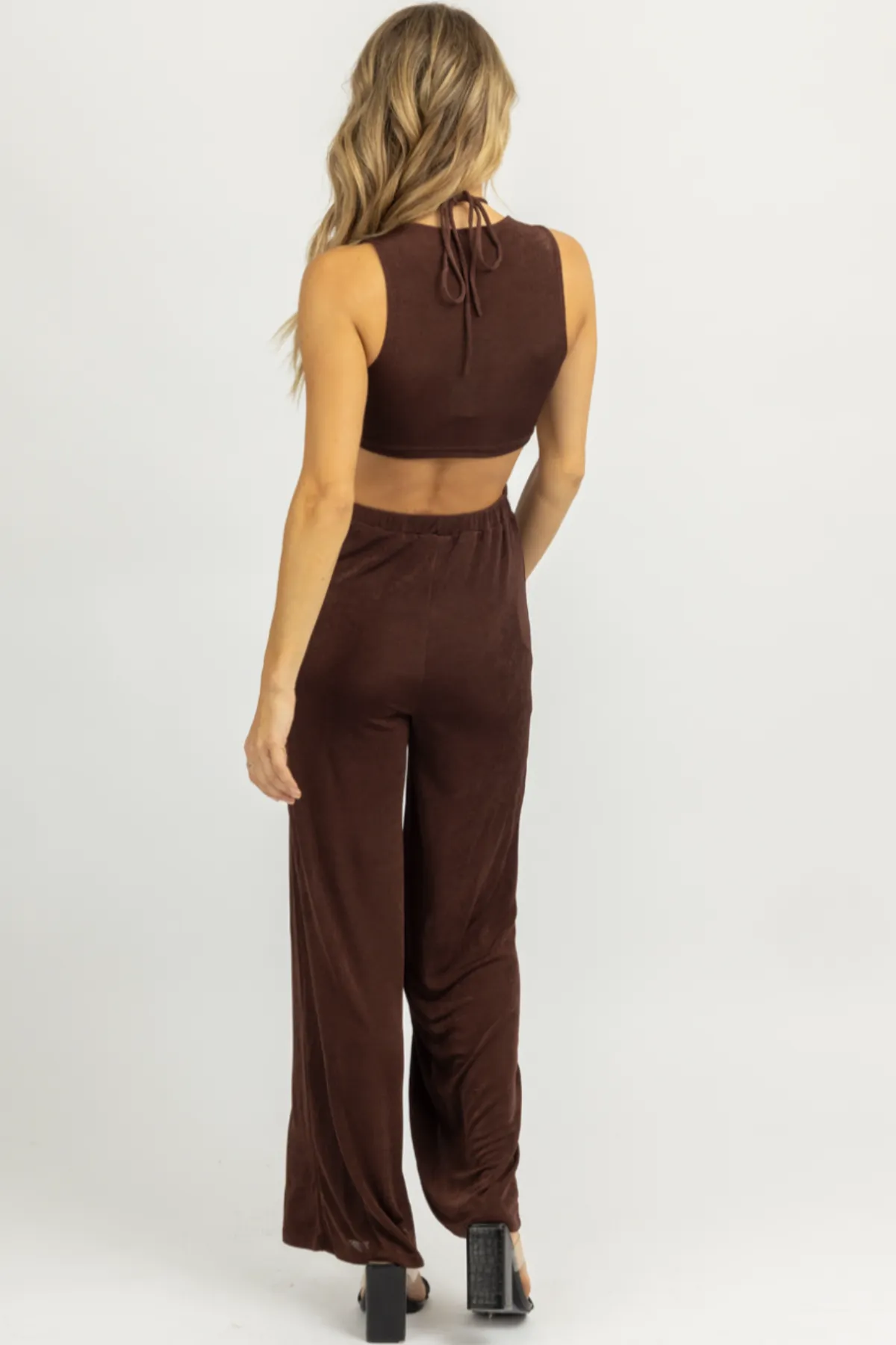 CHOCOLATE HALTER TIE SLEEVELESS JUMPSUIT