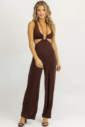 CHOCOLATE HALTER TIE SLEEVELESS JUMPSUIT