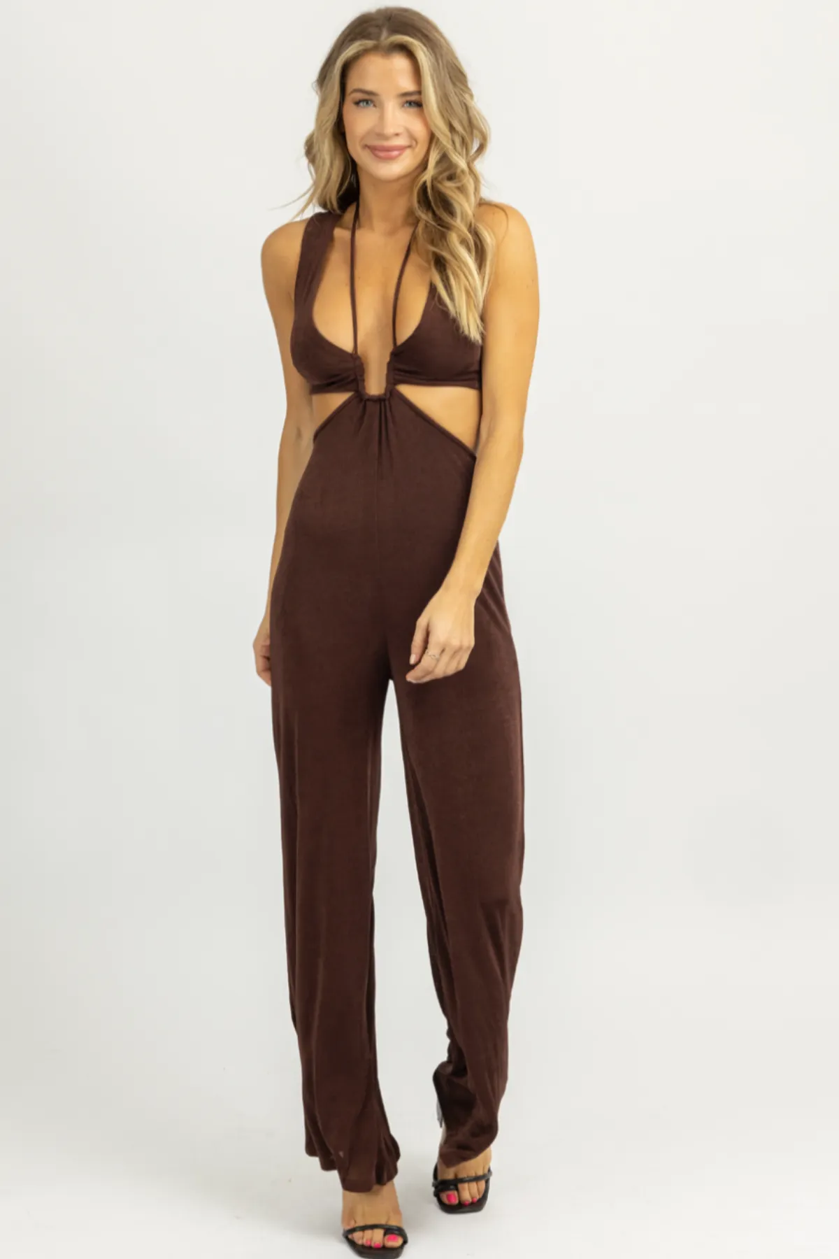 CHOCOLATE HALTER TIE SLEEVELESS JUMPSUIT
