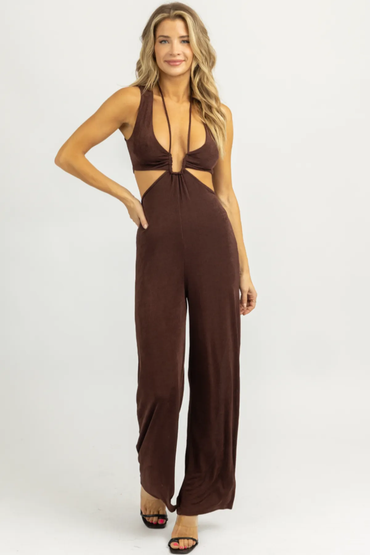 CHOCOLATE HALTER TIE SLEEVELESS JUMPSUIT