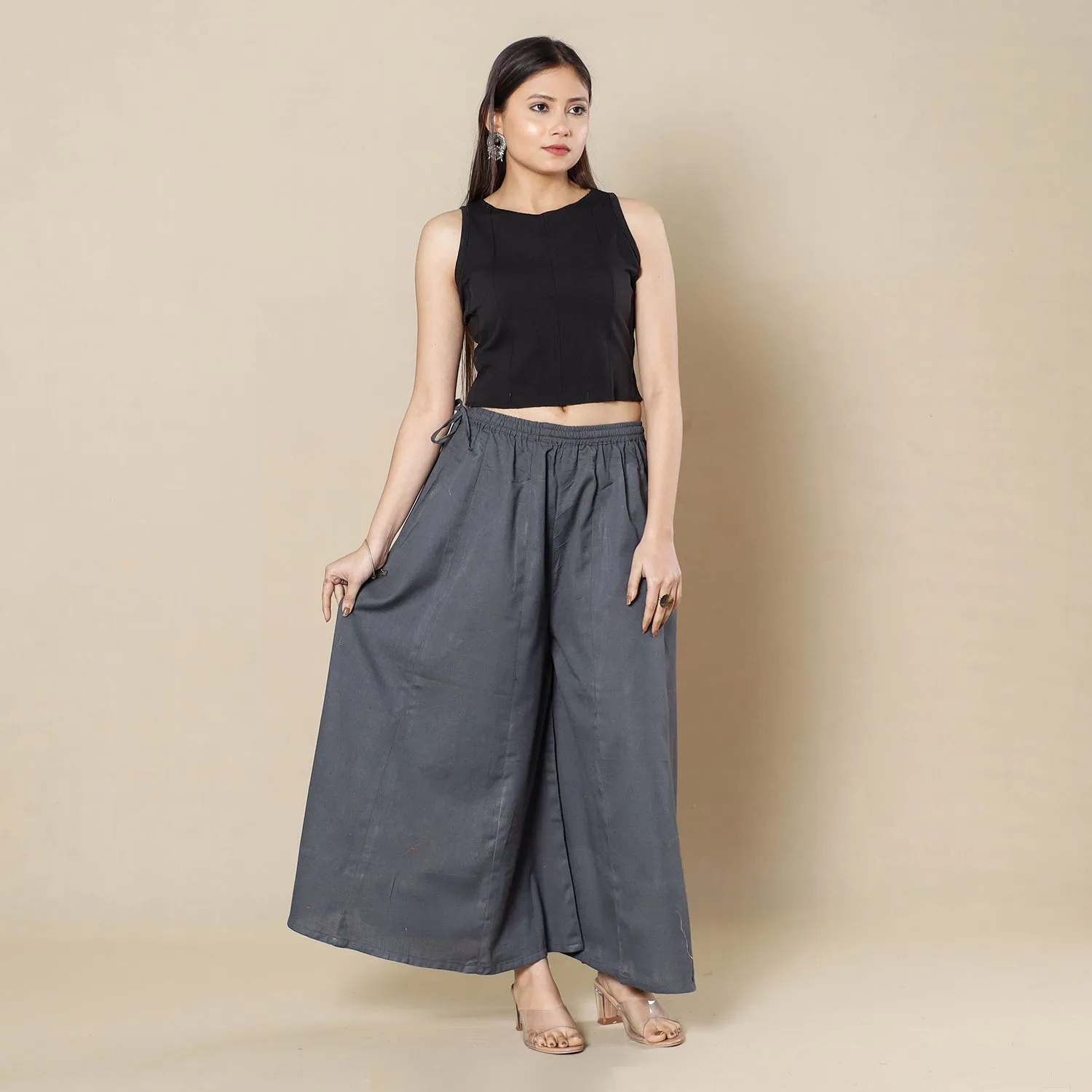 Dark Grey - Plain Dyed Cotton Flared Palazzo