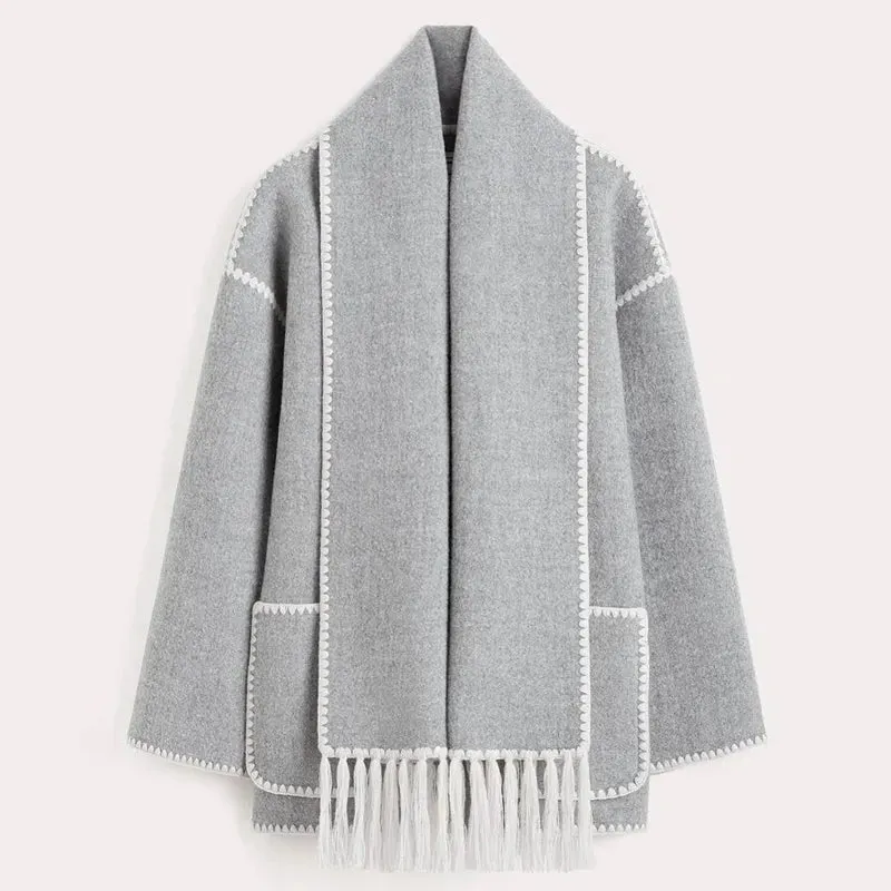 Elegant Women's Coat with Scarf Female Long Sleeve Pocket Single Breasted Coats