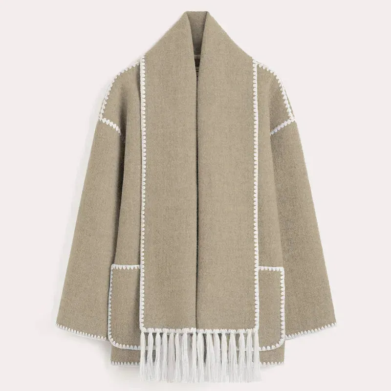 Elegant Women's Coat with Scarf Female Long Sleeve Pocket Single Breasted Coats