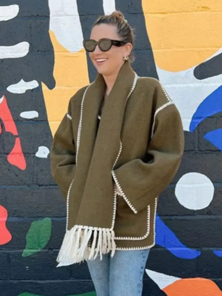 Elegant Women's Coat with Scarf Female Long Sleeve Pocket Single Breasted Coats