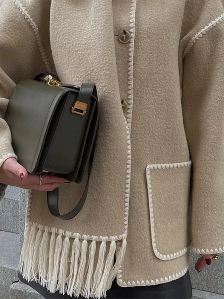 Elegant Women's Coat with Scarf Female Long Sleeve Pocket Single Breasted Coats