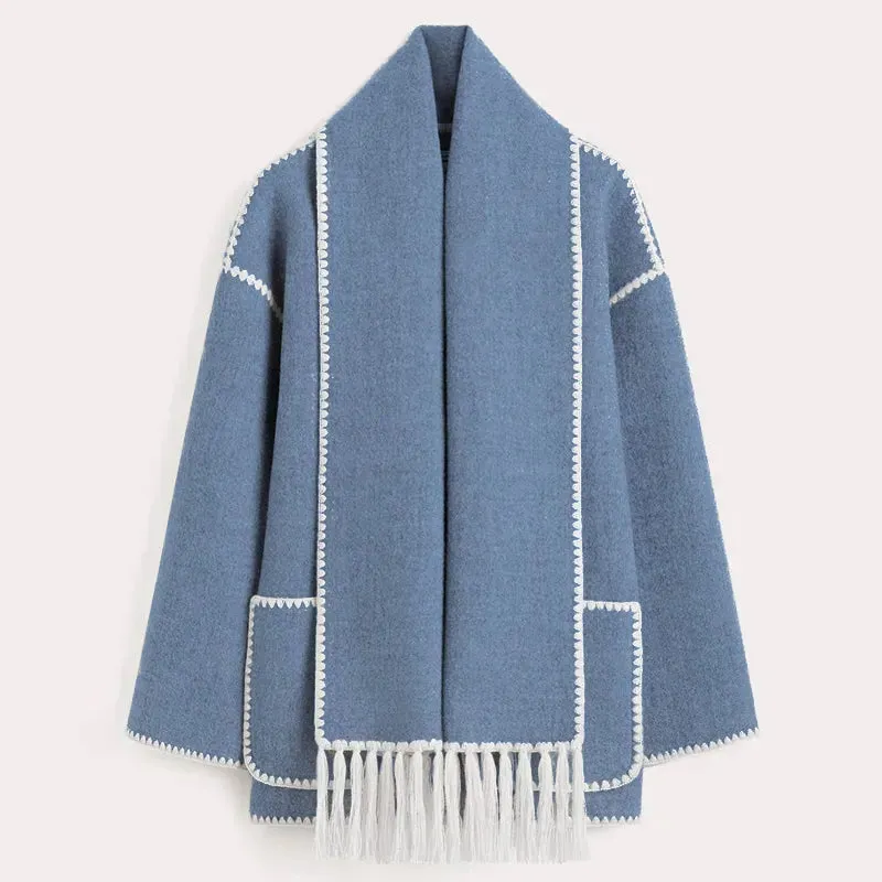 Elegant Women's Coat with Scarf Female Long Sleeve Pocket Single Breasted Coats