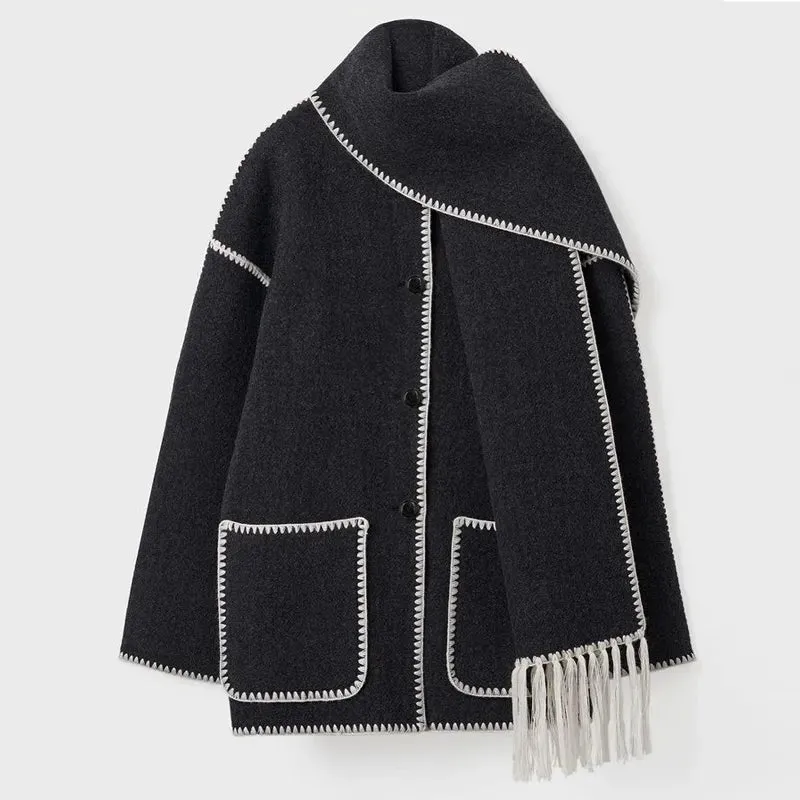 Elegant Women's Coat with Scarf Female Long Sleeve Pocket Single Breasted Coats