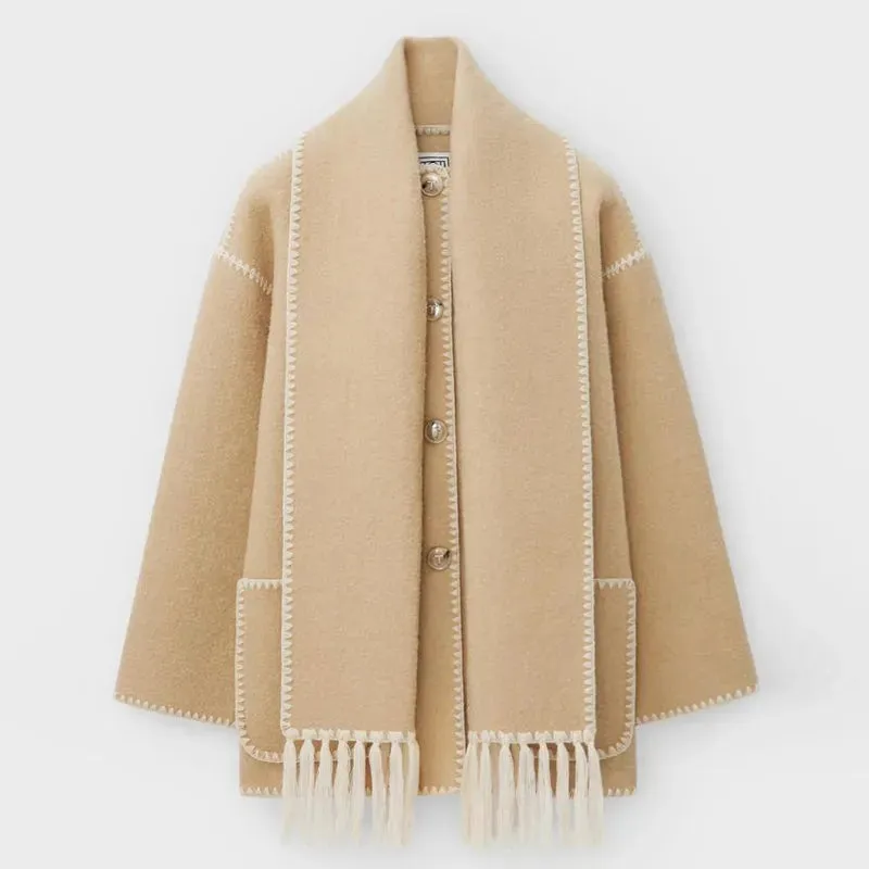 Elegant Women's Coat with Scarf Female Long Sleeve Pocket Single Breasted Coats