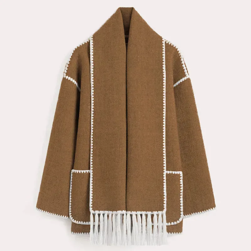 Elegant Women's Coat with Scarf Female Long Sleeve Pocket Single Breasted Coats