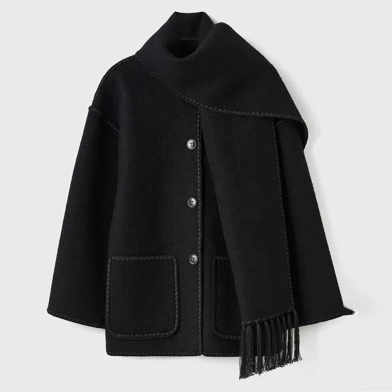 Elegant Women's Coat with Scarf Female Long Sleeve Pocket Single Breasted Coats