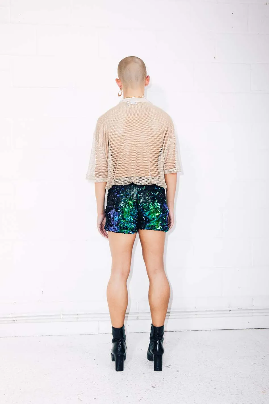 EMERALD BLUE GREEN SEQUIN SHORTS