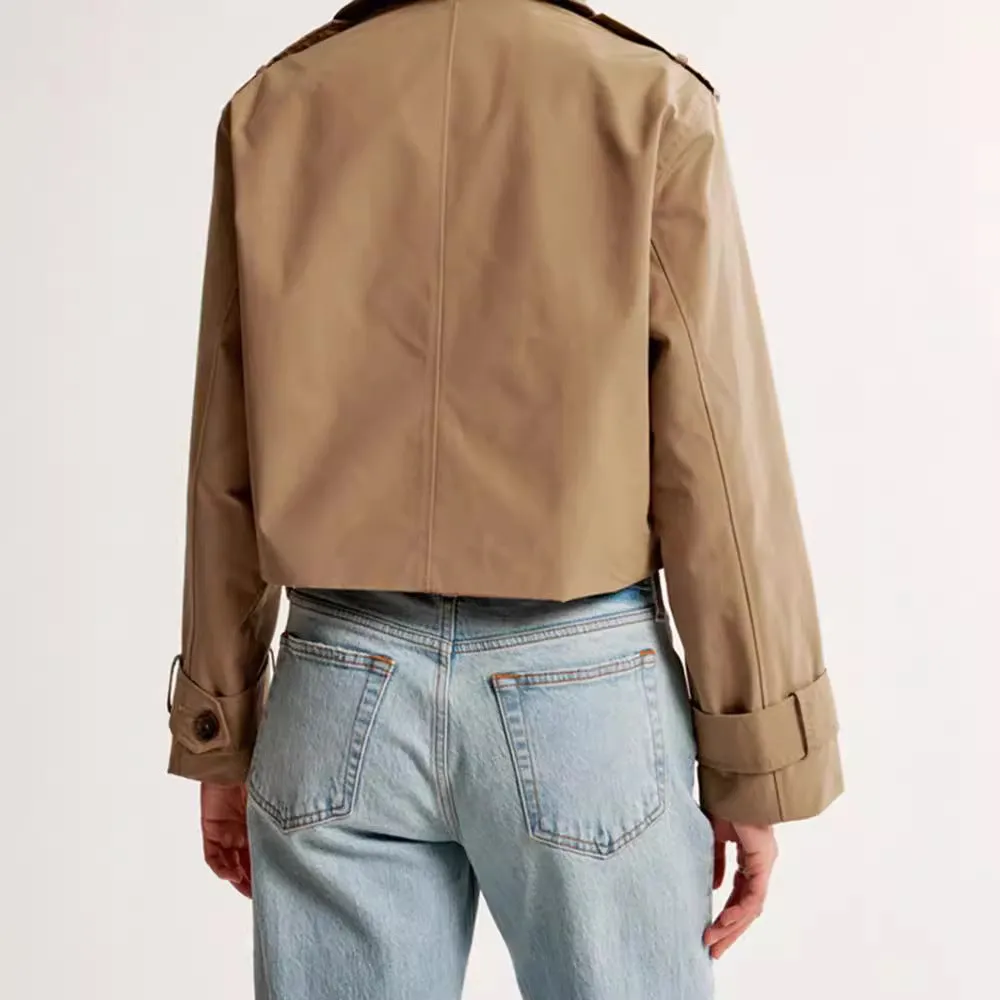 Girlary-shop outfits 2024 Spring New Solid Color Lapel Short Jacket Fashion Double Breasted Long Sleeve Casual Trench Coat