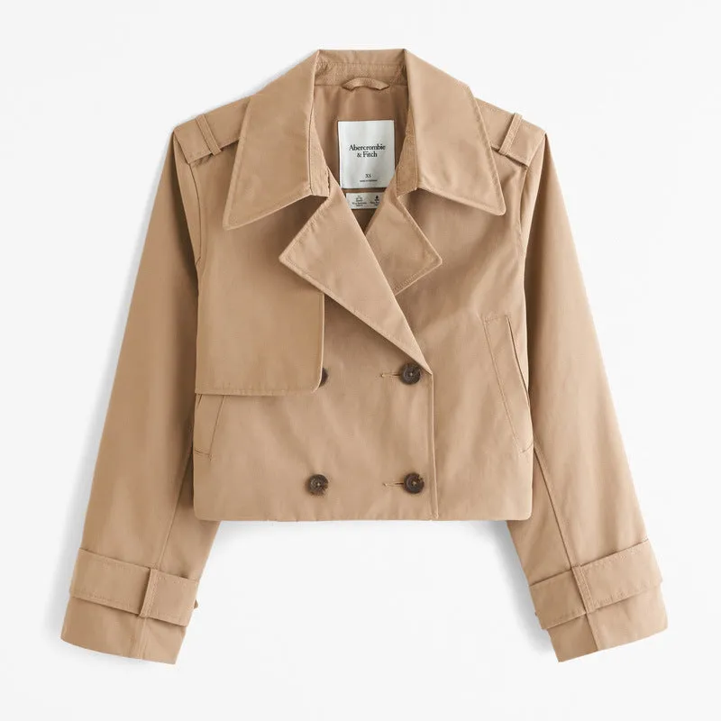 Girlary-shop outfits 2024 Spring New Solid Color Lapel Short Jacket Fashion Double Breasted Long Sleeve Casual Trench Coat