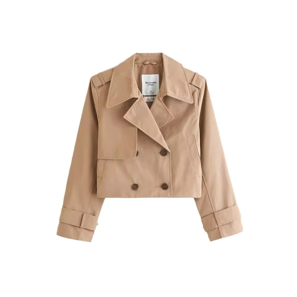 Girlary-shop outfits 2024 Spring New Solid Color Lapel Short Jacket Fashion Double Breasted Long Sleeve Casual Trench Coat