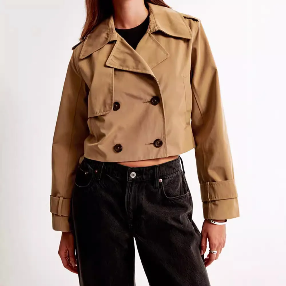 Girlary-shop outfits 2024 Spring New Solid Color Lapel Short Jacket Fashion Double Breasted Long Sleeve Casual Trench Coat