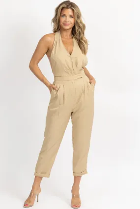 GOLDEN BEIGE HALTERNECK OPEN BACK JUMPSUIT