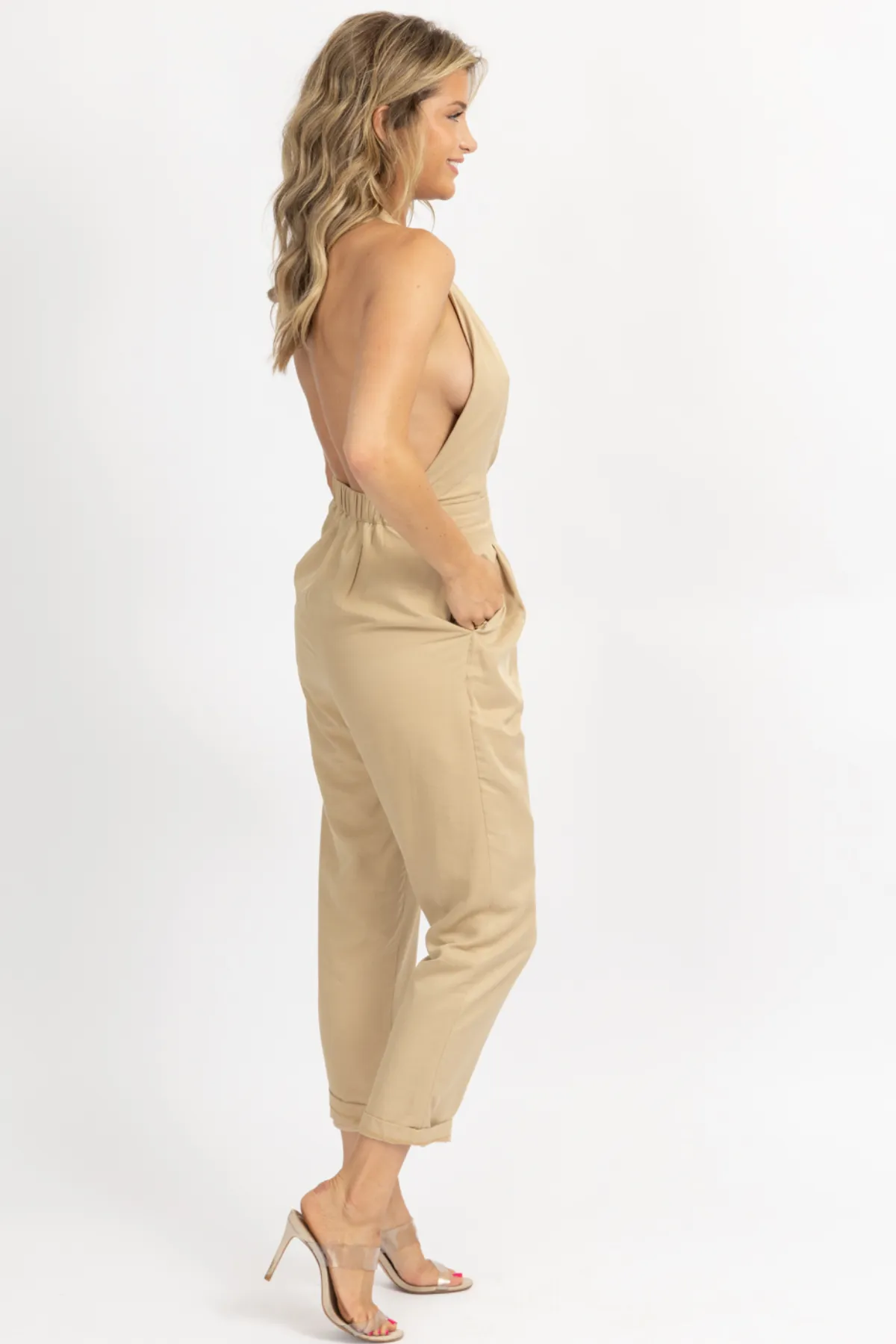GOLDEN BEIGE HALTERNECK OPEN BACK JUMPSUIT
