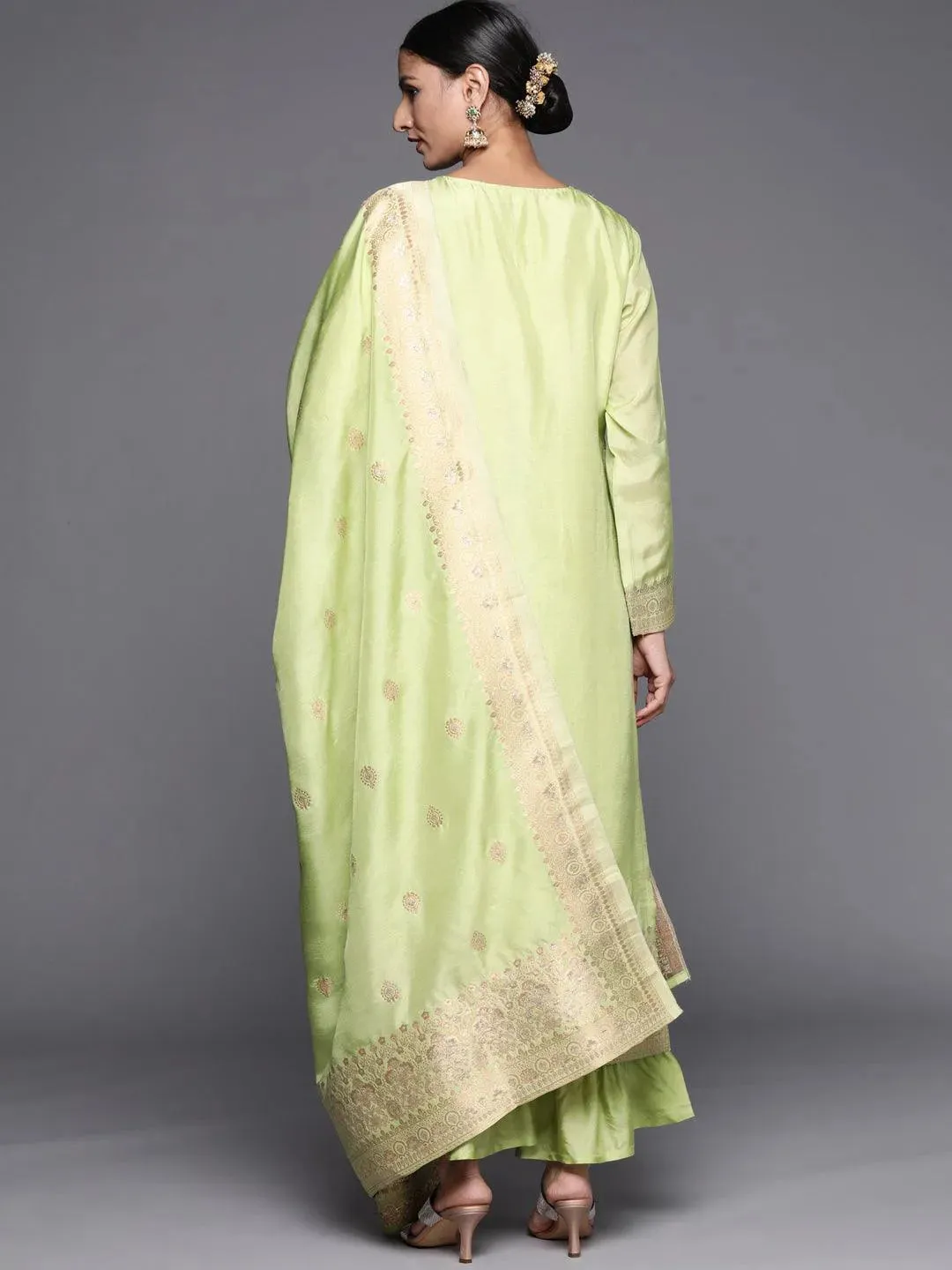 Green Self Design Chanderi Silk Straight Kurta With Palazzos & Dupatta