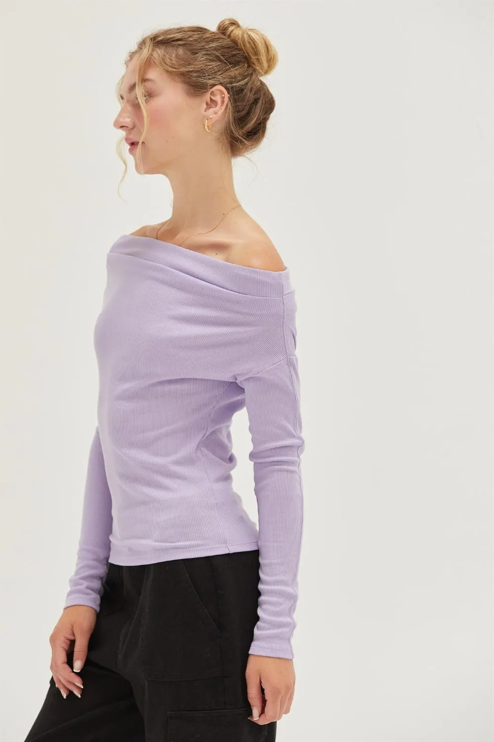 Hit Girl HYFVE Off Shoulder Ribbed Knit Long Sleeve Top In Lilac
