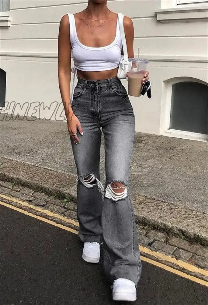 Hnewly Fashion Ripped Jeans Women High Waist Straight Denim Mom Pants Baggy Jeans Women Washed Blue Casual Female Cotton Pants New