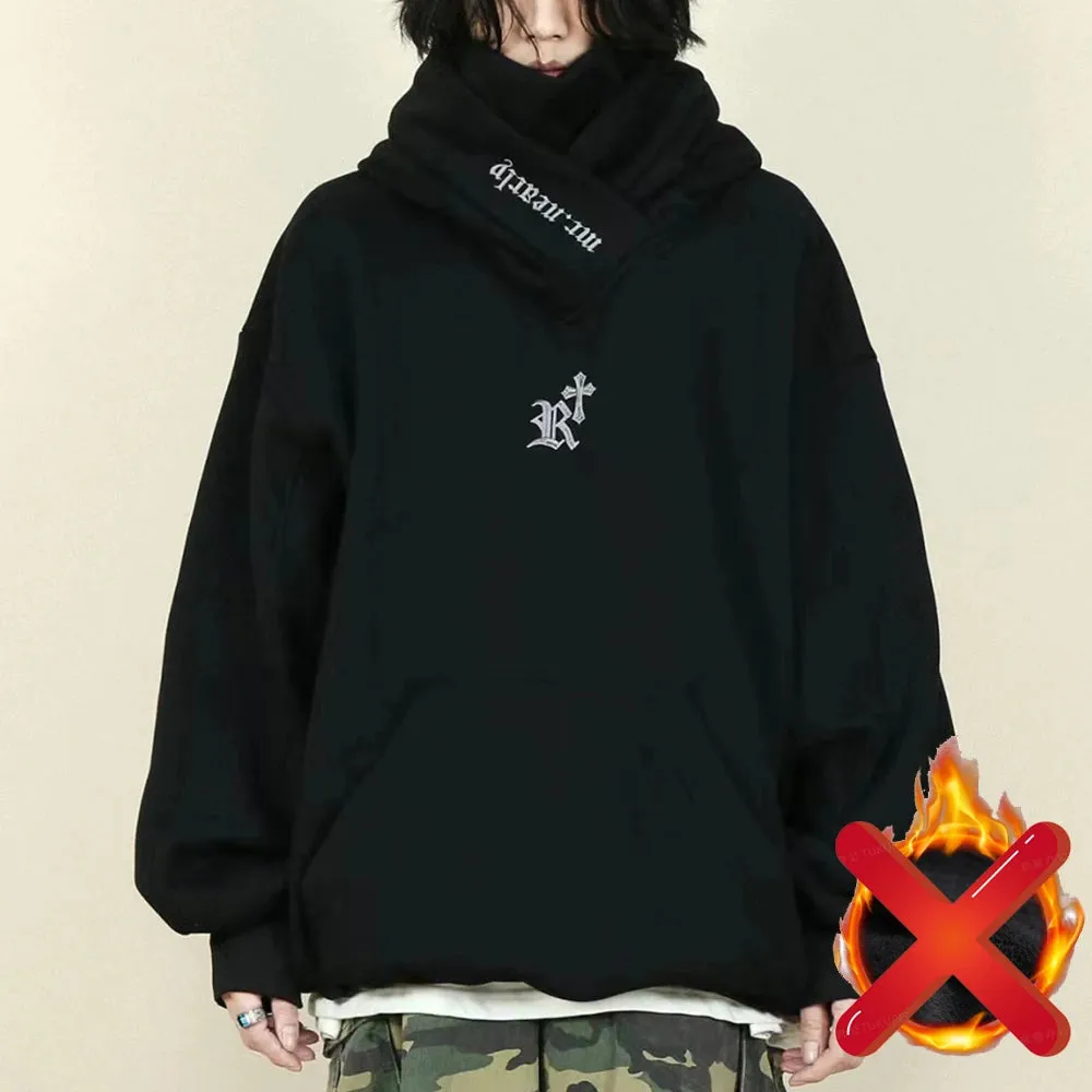 Japanese Harajuku Urban Streetwear Cyber Punk Y2K Scarf Collar Pullover Oversized Techwear Hoodie For Men Black Dark Grey