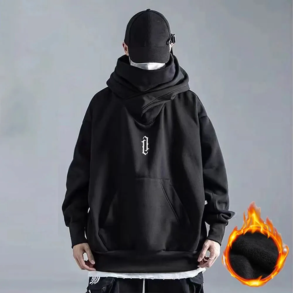 Japanese Harajuku Urban Streetwear Cyber Punk Y2K Scarf Collar Pullover Oversized Techwear Hoodie For Men Black Dark Grey