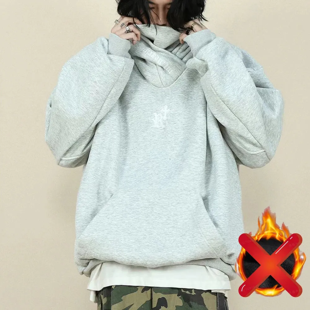 Japanese Harajuku Urban Streetwear Cyber Punk Y2K Scarf Collar Pullover Oversized Techwear Hoodie For Men Black Dark Grey