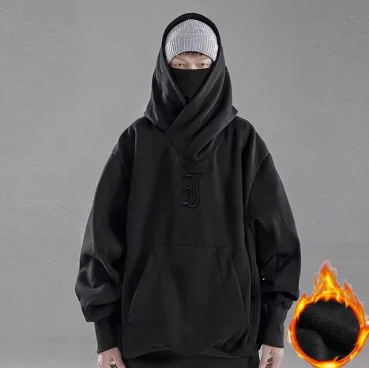 Japanese Harajuku Urban Streetwear Cyber Punk Y2K Scarf Collar Pullover Oversized Techwear Hoodie For Men Black Dark Grey