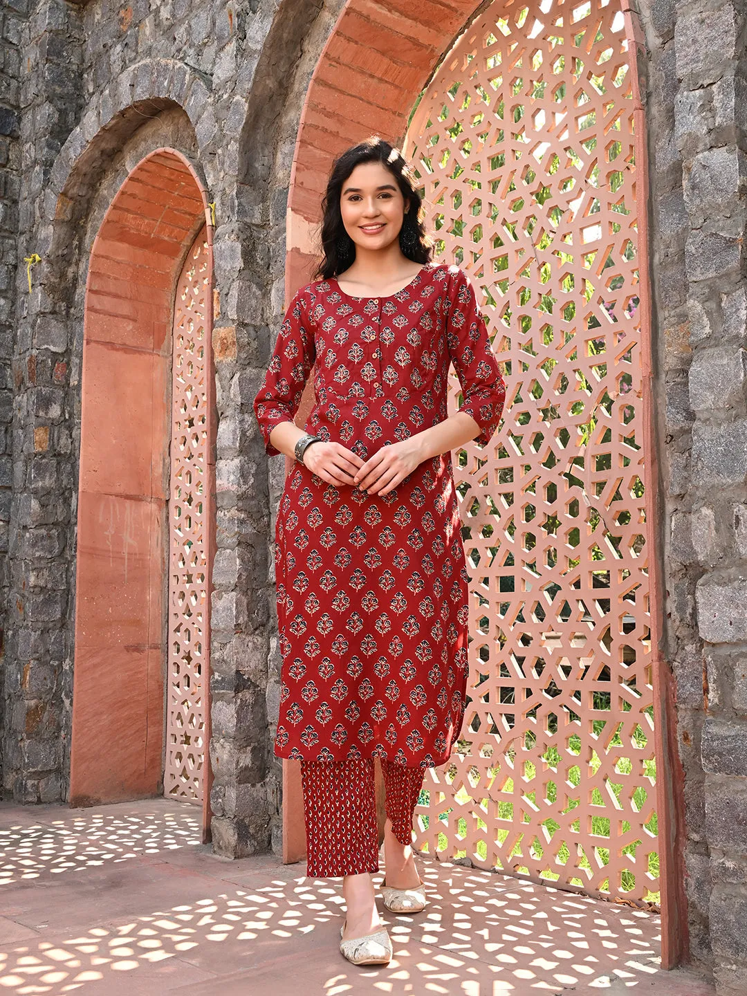 Maroon Embroidered Kurta Pant Set