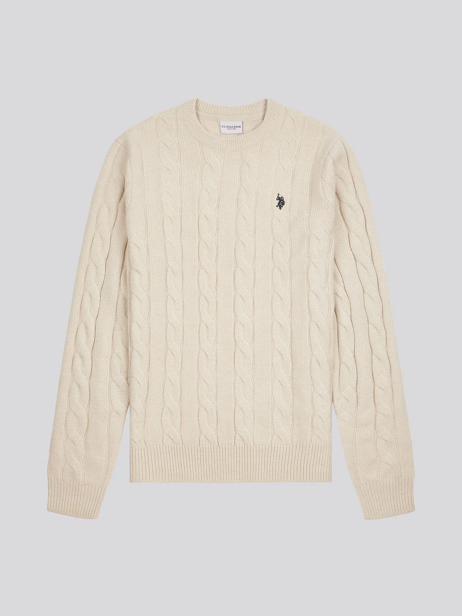 Mens Cable Knit Crew Neck in Birch Marl