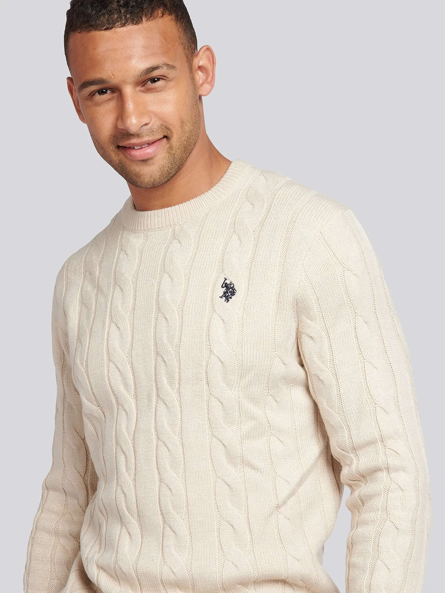 Mens Cable Knit Crew Neck in Birch Marl