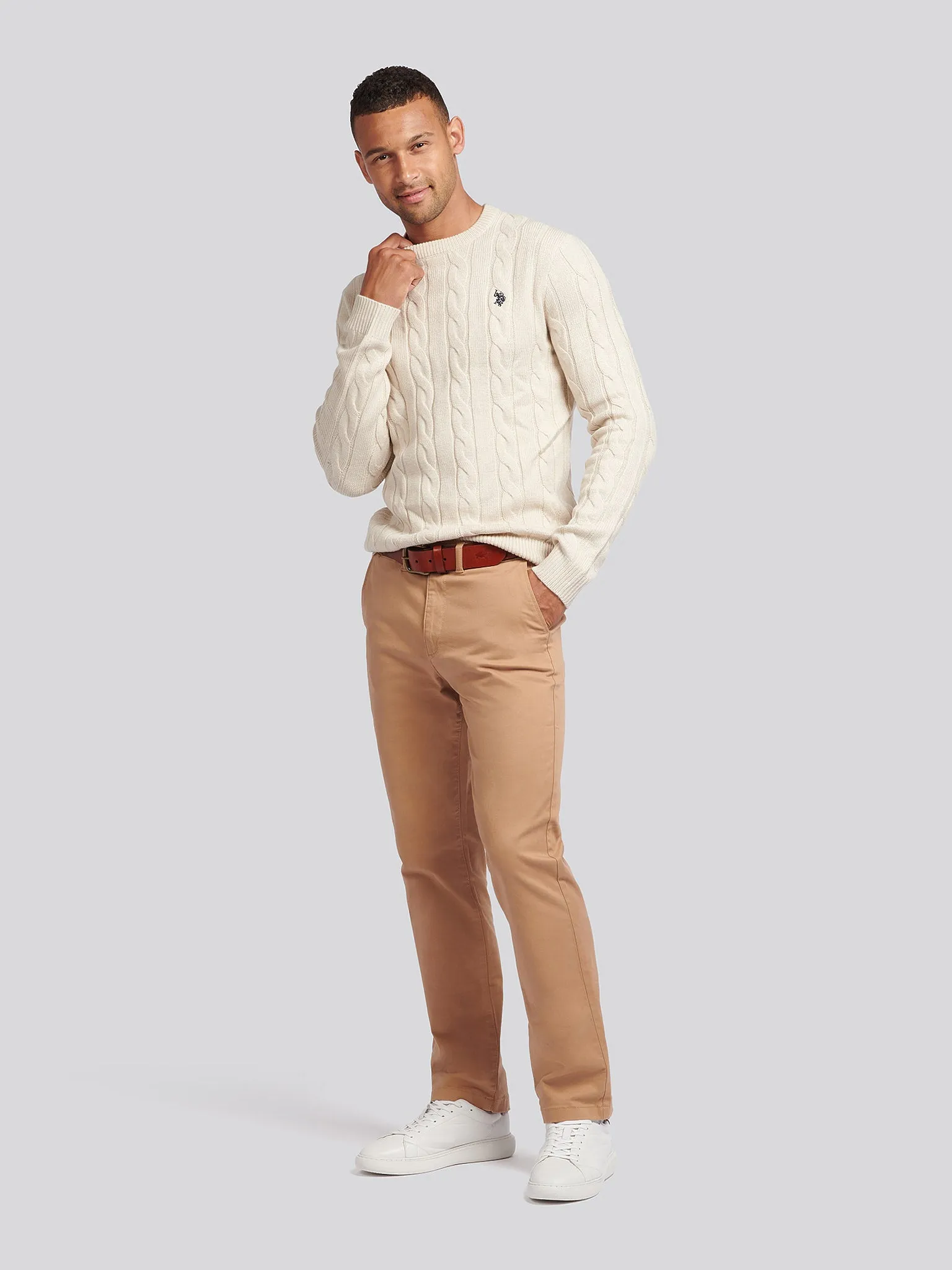 Mens Cable Knit Crew Neck in Birch Marl