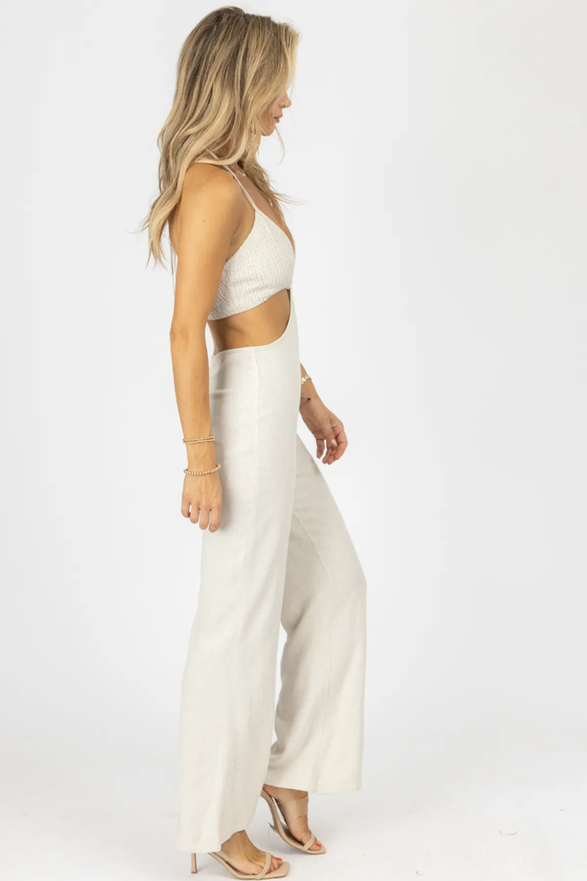 OATMEAL HALTER SMOCK TOP LINEN JUMPSUIT