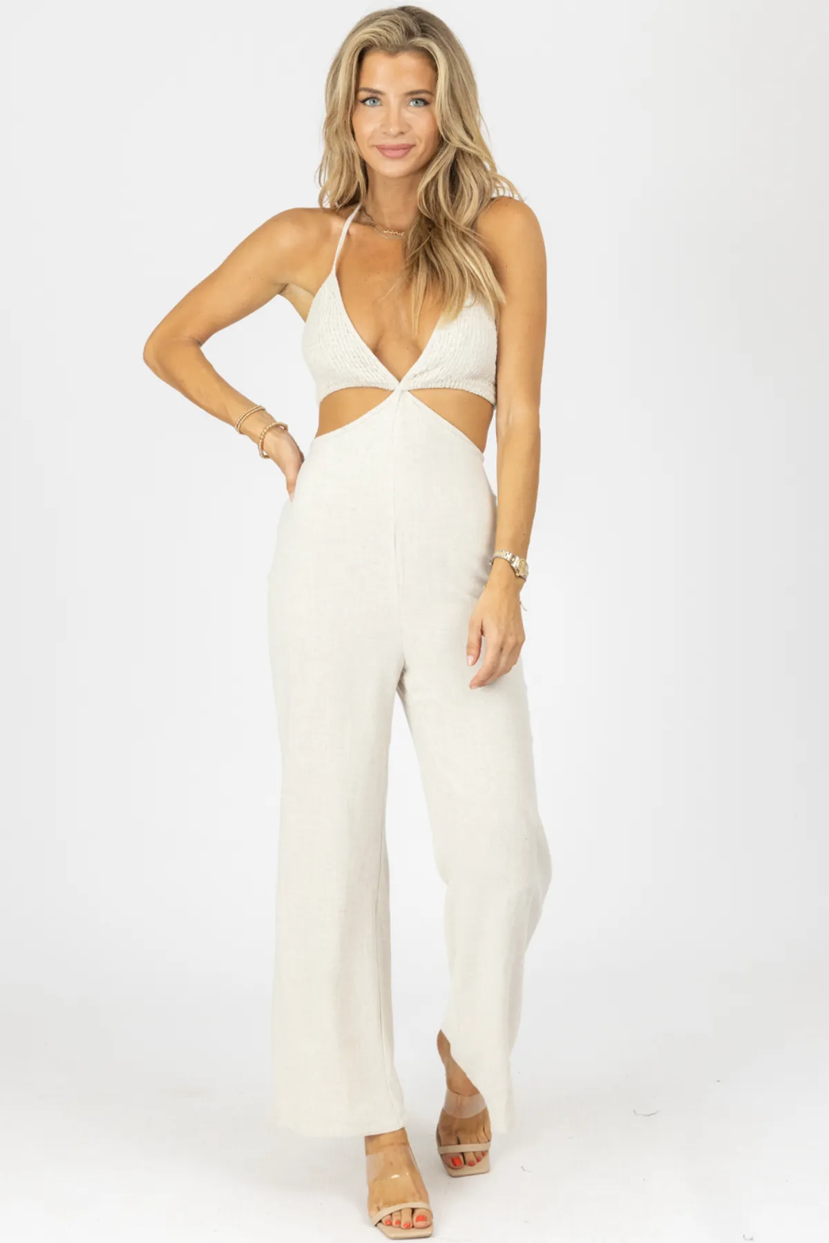 OATMEAL HALTER SMOCK TOP LINEN JUMPSUIT