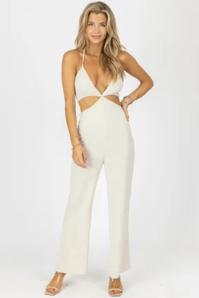 OATMEAL HALTER SMOCK TOP LINEN JUMPSUIT