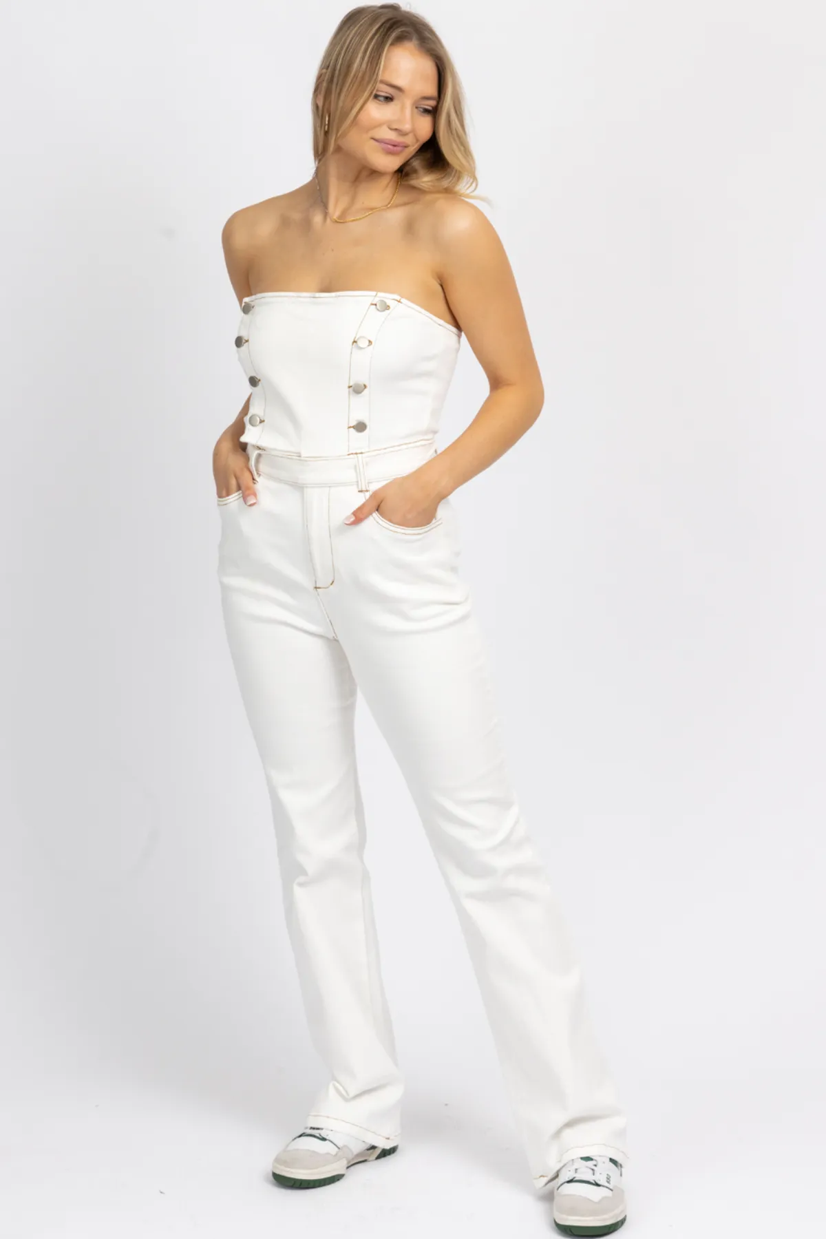 OFF WHITE STRAPLESS DENIM JUMPSUIT