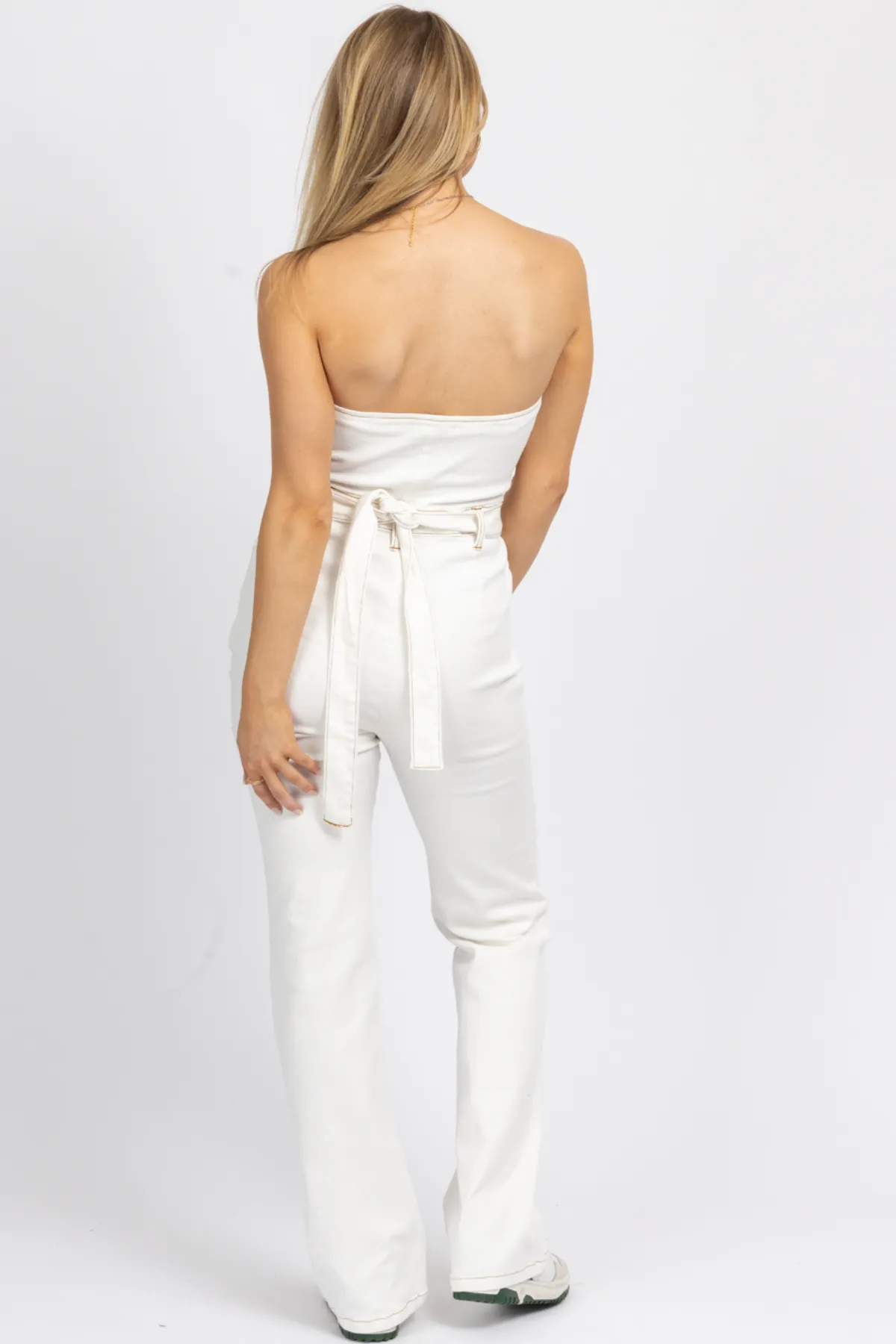 OFF WHITE STRAPLESS DENIM JUMPSUIT