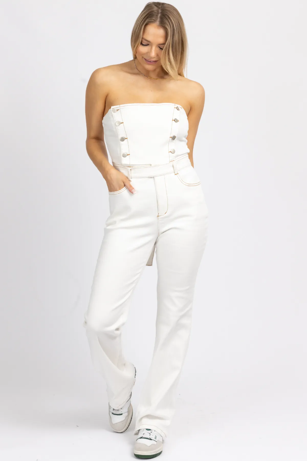 OFF WHITE STRAPLESS DENIM JUMPSUIT