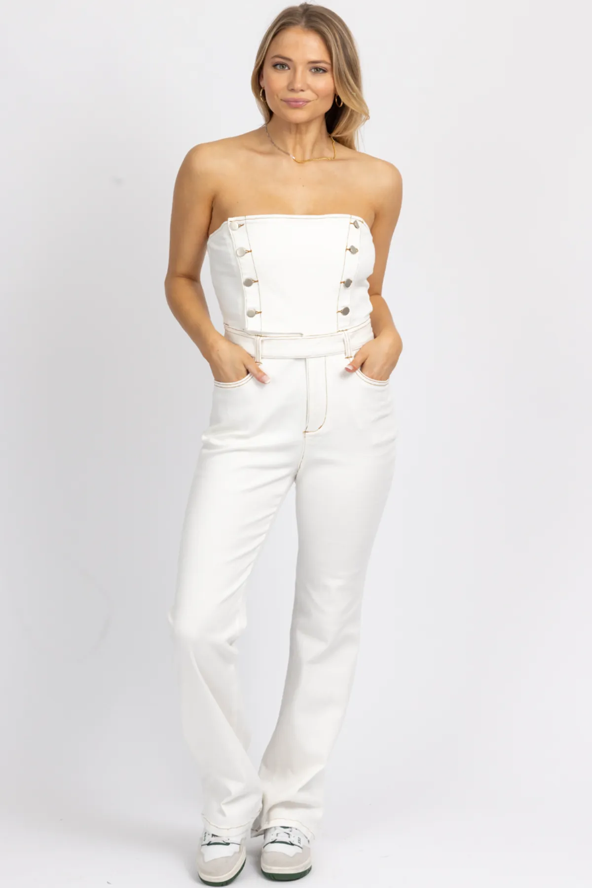 OFF WHITE STRAPLESS DENIM JUMPSUIT