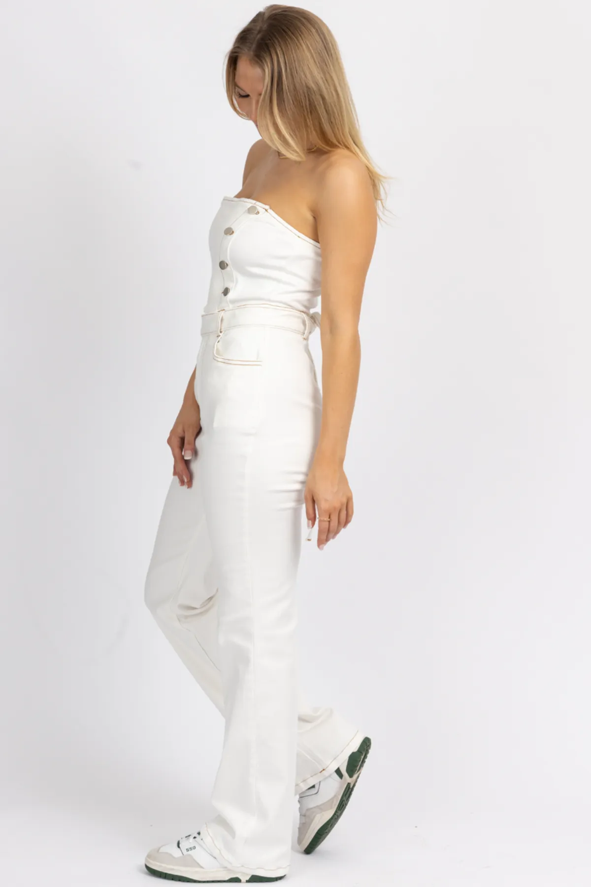 OFF WHITE STRAPLESS DENIM JUMPSUIT