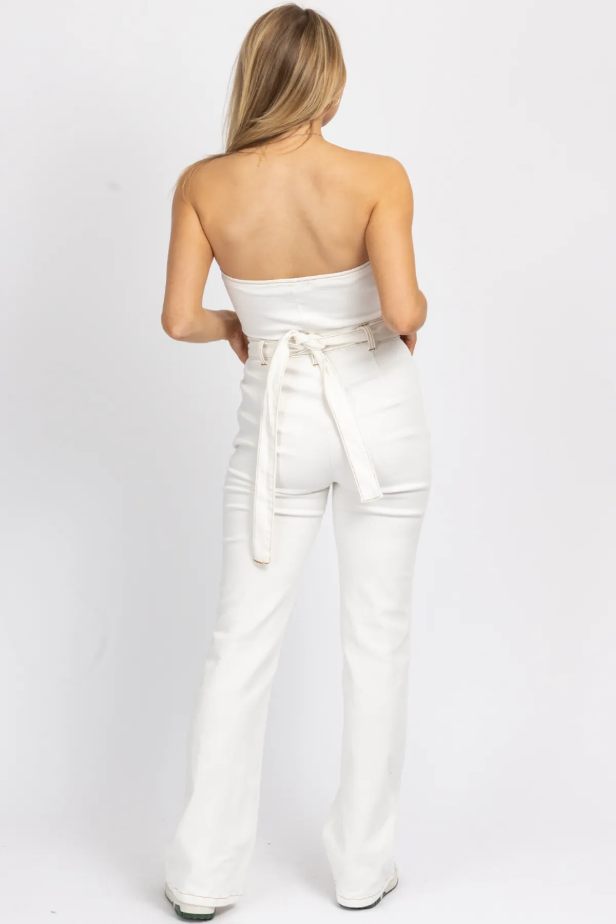 OFF WHITE STRAPLESS DENIM JUMPSUIT
