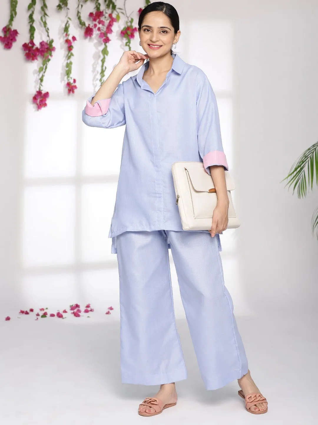 PowderBlue CottonSlub ShirtTop & Palazzo